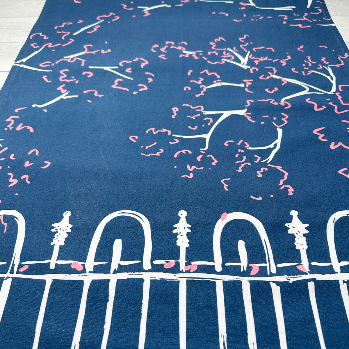 Cherry Blossom Fence Kitchen Tea Towel (flour sack cotton)