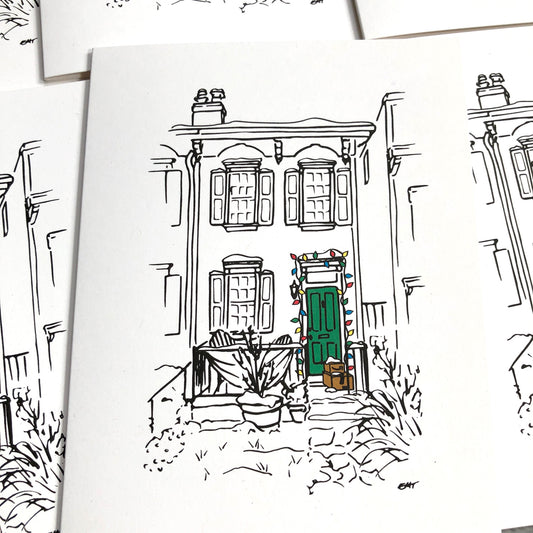 Holiday Card with Green Door, Lights, and Packages (single)