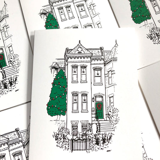 Holiday Card with Green Door, Wreath, and Outside Evergreen (single)