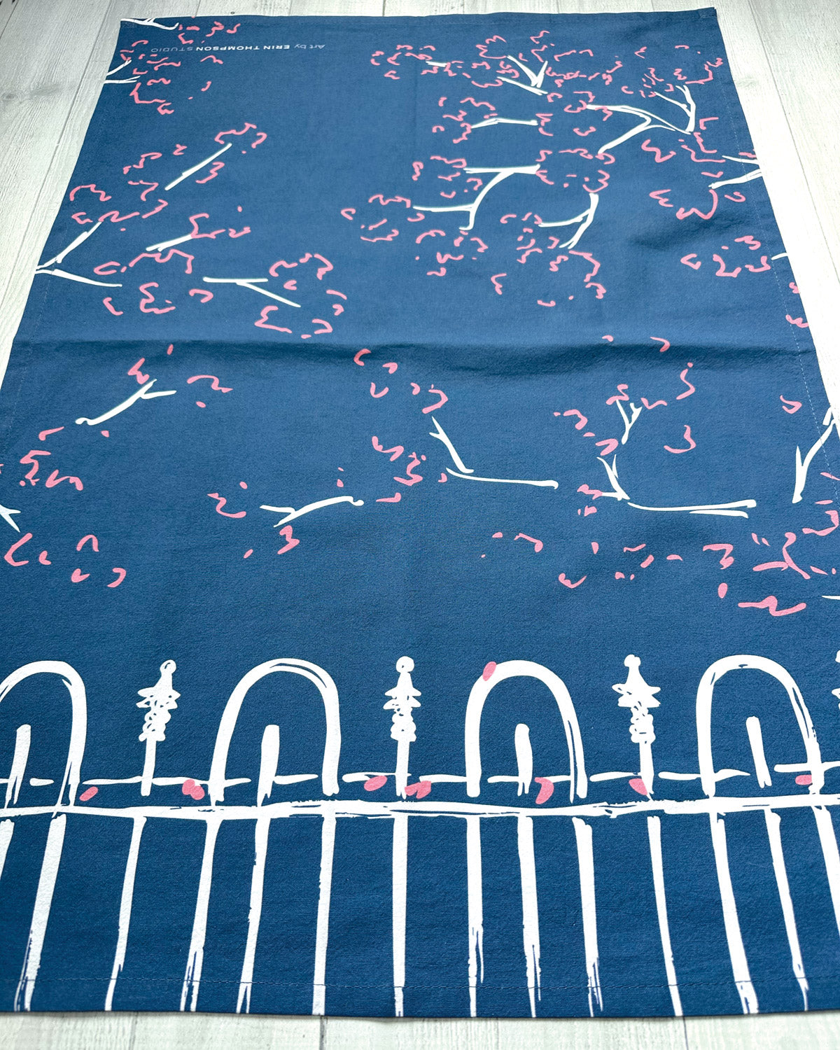 Cherry Blossom Fence Kitchen Tea Towel (flour sack cotton)