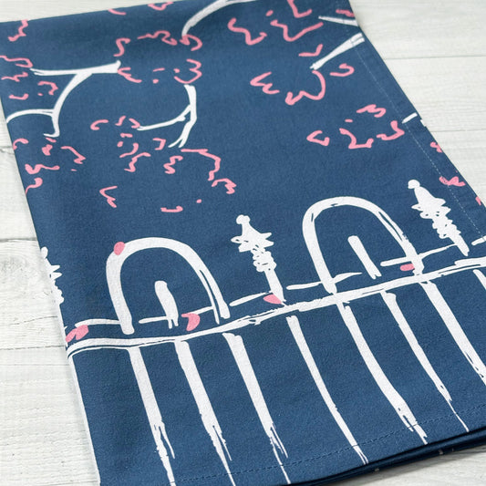 Cherry Blossom Fence Kitchen Tea Towel (flour sack cotton)