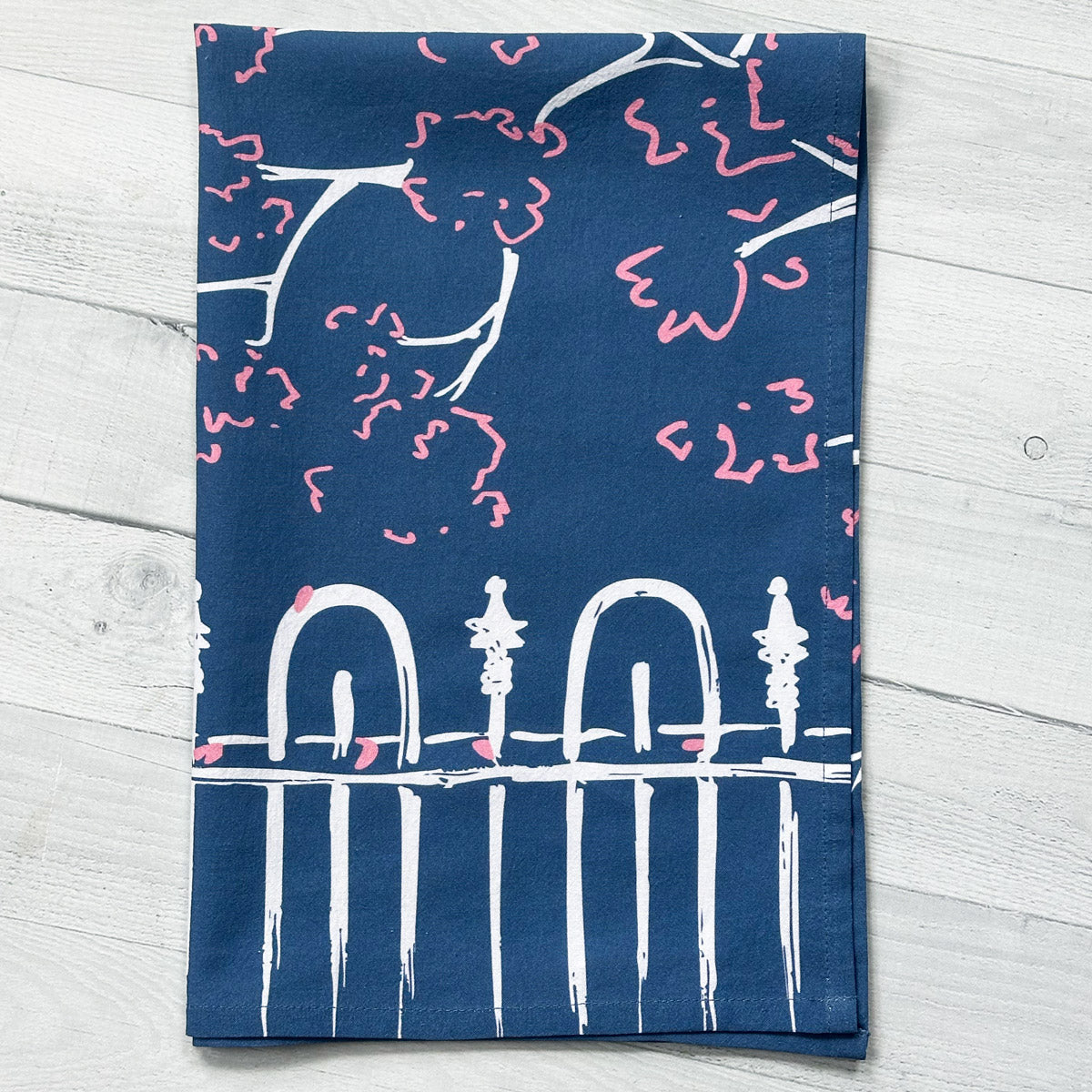 Cherry Blossom Fence Kitchen Tea Towel (flour sack cotton)