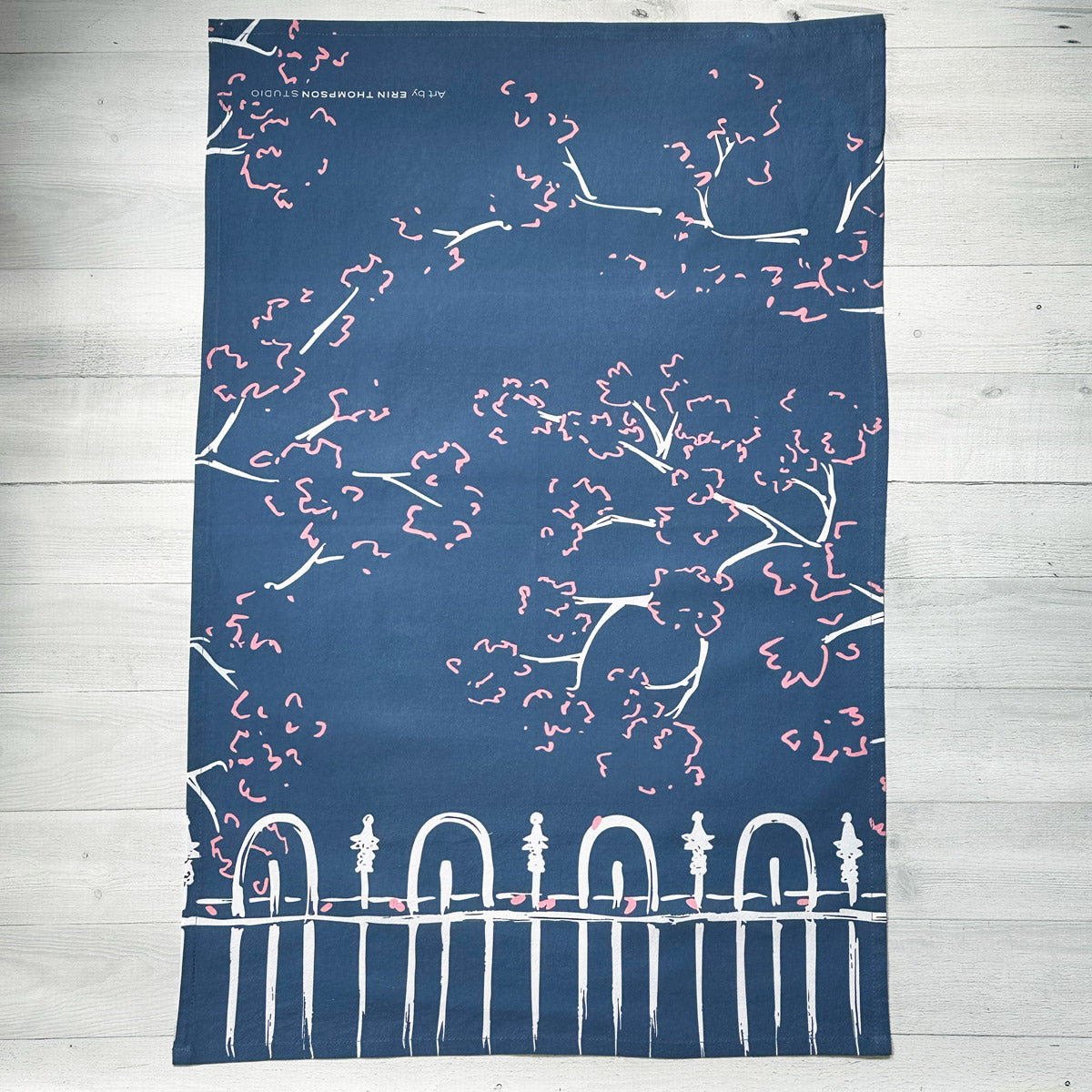 Cherry Blossom Fence Kitchen Tea Towel (flour sack cotton)