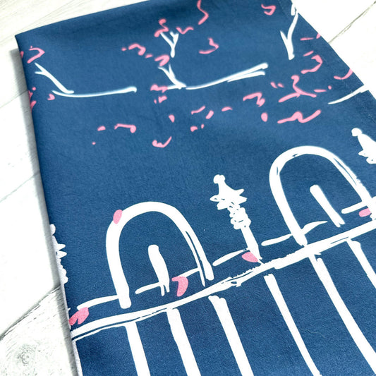Cherry Blossom Fence Kitchen Tea Towel (flour sack cotton)