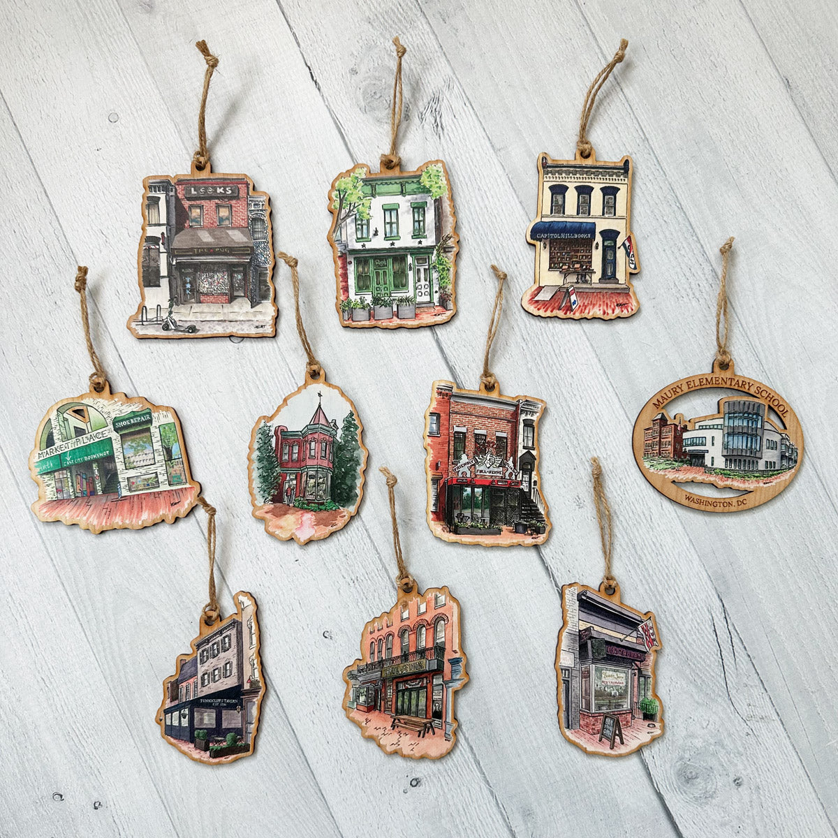 Woodcut Ornaments: Capitol Hill Establishments