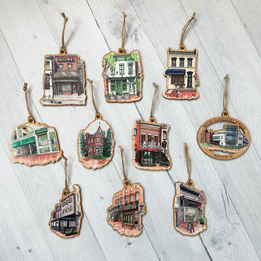Woodcut Ornaments: Capitol Hill Establishments